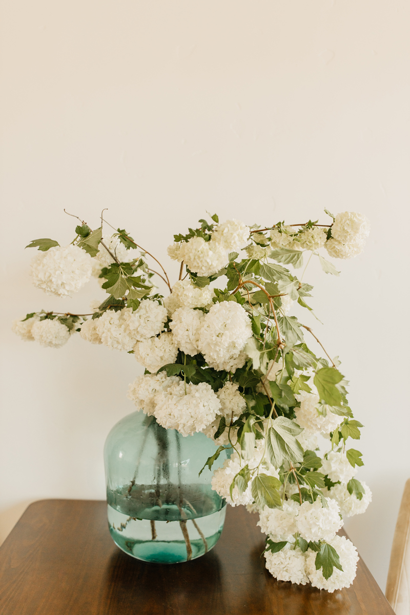 Photography Studio on Main, a vase holds white carnations on a wooden table